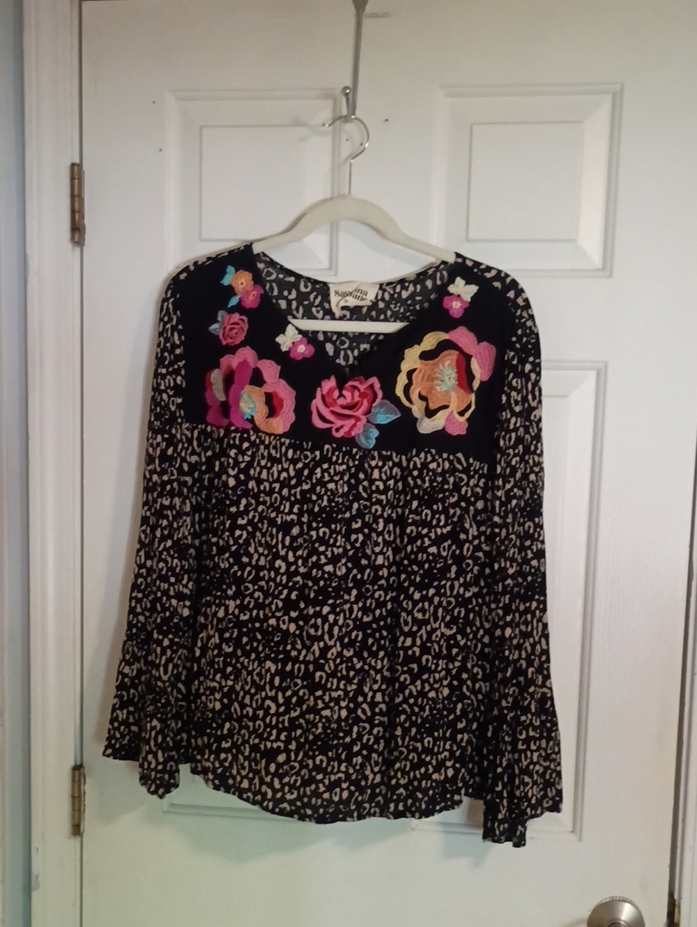Savanna Jane Black Leopard-Print Long Sleeve Top with Bright Floral Embroidery